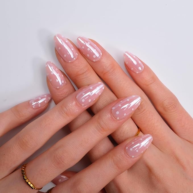 LAMIMOSA 32Pcs Baby Pink Polka Dots Press On Nails Short Almond - Soft Gel Fake Nails in 16 Sizes, Chrome Glazed Glue on Nails Kit, PINK POLKA DOTS