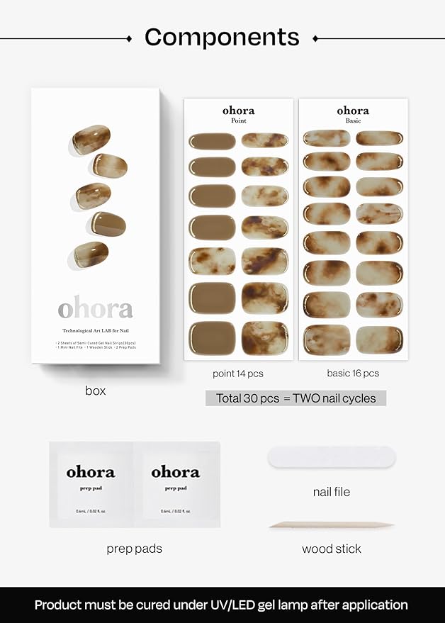 ohora Semi Cured Gel Nail Strips (N Cafe Creme) - Works with Any Lamps, Salon-Quality, Long Lasting, Easy to Apply & Remove - Includes 2 Prep Pads, Nail File & Wooden Stick
