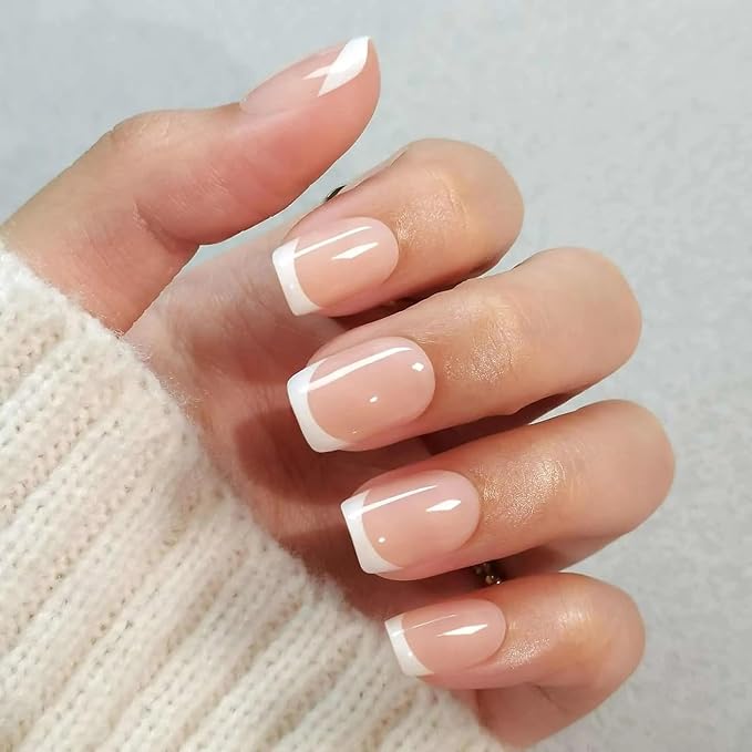 Press On Nails - Frenchie Kiss | Classic French Manicure, UV Finish Square Nails, Reusable, Salon Quality | 32 Nails, 16 Sizes Kit with Glue and Adhesive Tabs