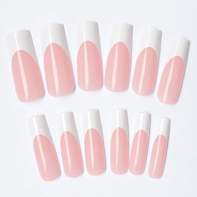 AddFavor 120pcs White French Tip Press on Nails Long Square Fake Nails Nude False Nails XL Long Tapered Square French Press ons Nail Acrylic Artificial Nail with Adhesive Tab for Women Girls