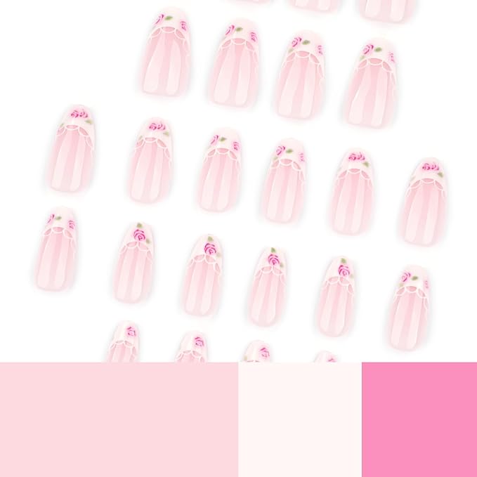 Spring Summer Press on Nails Almond Fake Nails with Lace Rose Designs, Medium French Tip White Flower Nails Spring Glue on Nails Cute |Reusable|Easy Apply |Glossy|Daily Wear 24Pcs