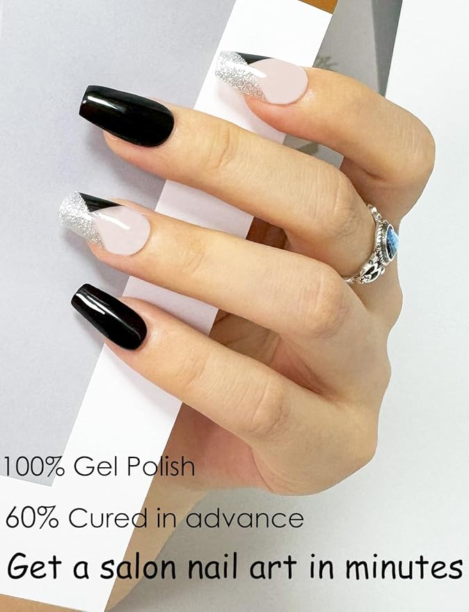 Semi Cured Gel Nail Strips - Black Glitter | 20pcs Gel Wraps UV for Home Nails DIY