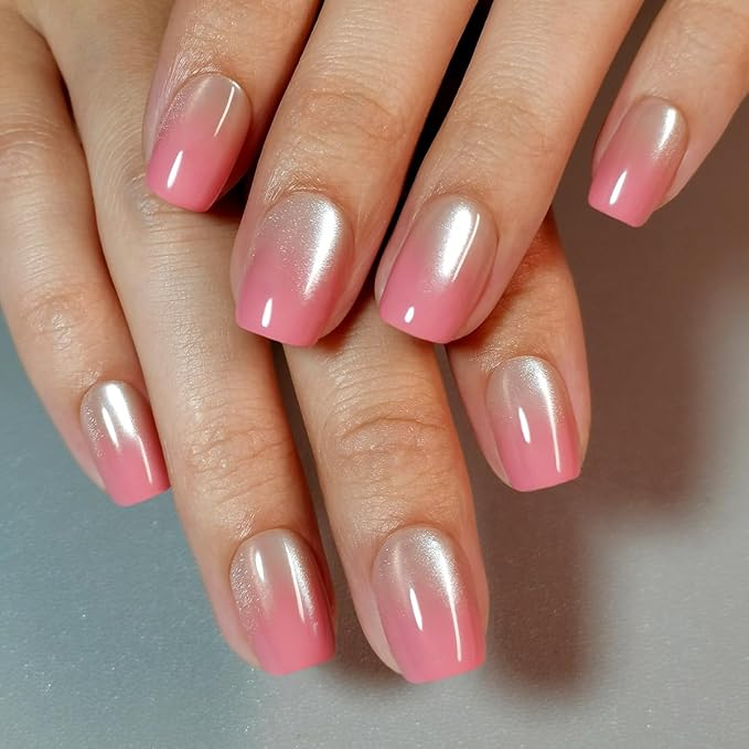 30 Pcs Pink Gradient Soft Gel Press on Nails Short Square Cats Eyes Fake Nails Designs Thickened False Nails with Glue Glossy Acrylic Nails Full Cover Stick on Nails for Women Nails Manicure