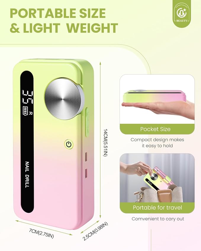 CozyZen Cordless Nail Drill Professional: 45000 RPM Rechargeable Electric Nail File Kit, Portable & Low Noise for Acrylic, Gel Nails, Manicure & Pedicure - Salon & Home Use (Green & Pink)