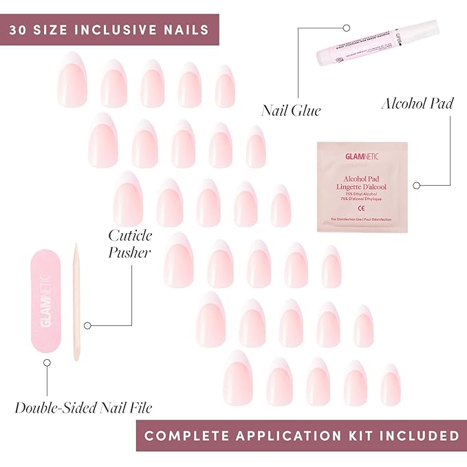 Glamnetic Press-On Nails & Brush-On Nail Glue | Ma Damn White French Tips, Short Almond Shape