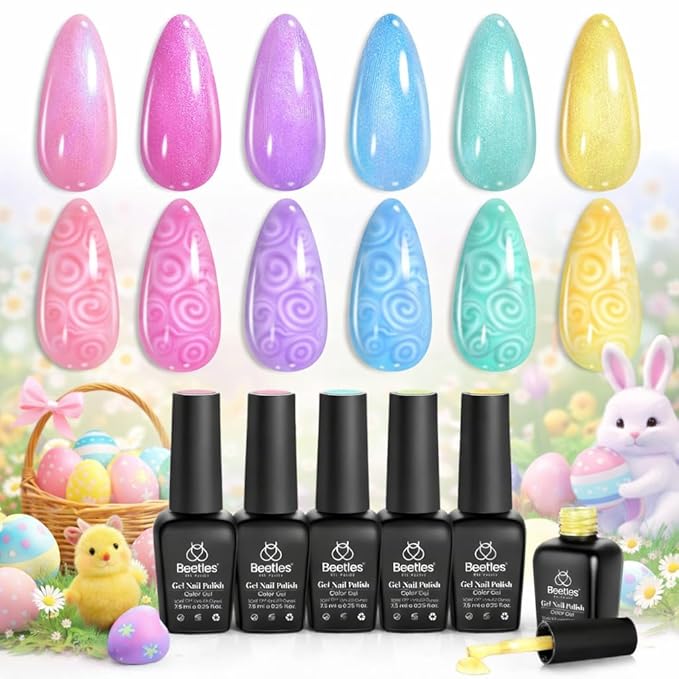 Beetles Pearl Gel Nail Polish Set - 6 Colors Easter Pink Yellow Green Purple Blue Iridescent Rainbow Shimmer Nail Polish Soak Off Uv Mermaid Gel Swirl Shell Thread Effect DIY Spring Gift for Women