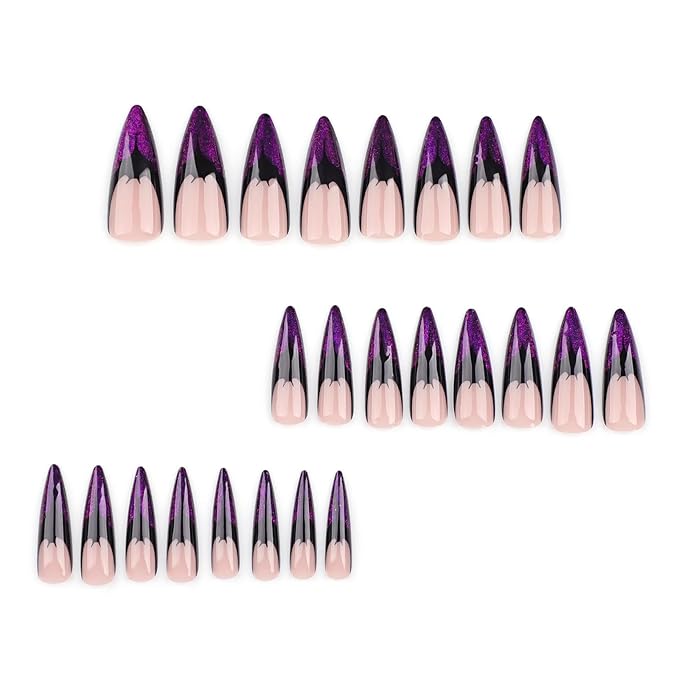 Halloween Fake Nails - Long Stiletto Press On Nails with French Tip, Bat Design, Purple Glitter, Shiny Acrylic Finish, Full Cover Glossy Stick On Nails - 24 Pcs