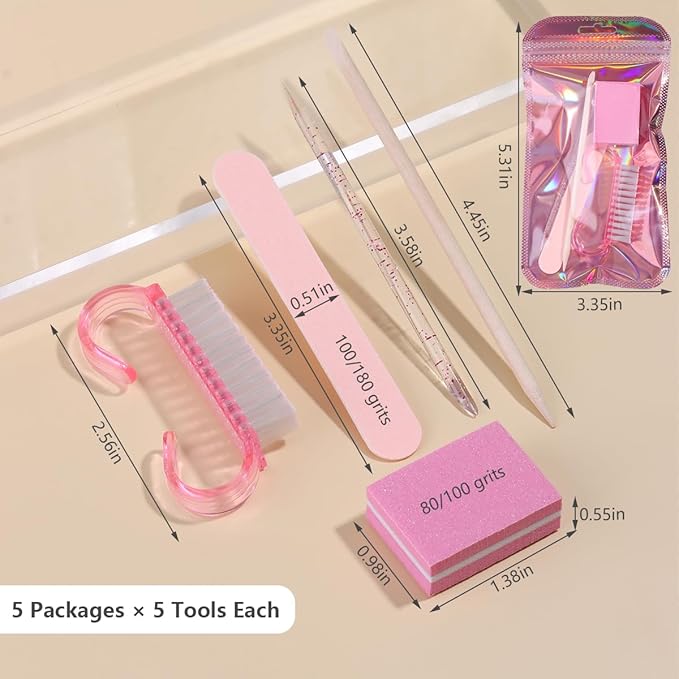 Disposable Manicure Kit 5PCS, Orange Wood Sticks, Handle Grip Brush, Mini Nail Files Buffers Bulk, Individually Packaged Professional Fingernails Toenails Tools for Salon Home Travel
