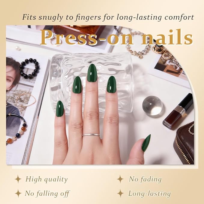 evpct Green Glossy Press on Nails Short Almond, Glossy Green Fake Nails False Nail Pure Color with Kit, Salon Quality Soft Gel Stick on Acrylic False Soft Nails Reusable Full Cover for Women Manicure