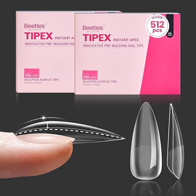 Beetles Tipex Instant Apex Nail Tips Stiletto Medium 16 Sizes 512 Pcs Pre-Etched Pre-Building Strong Thick Acrylic Tips