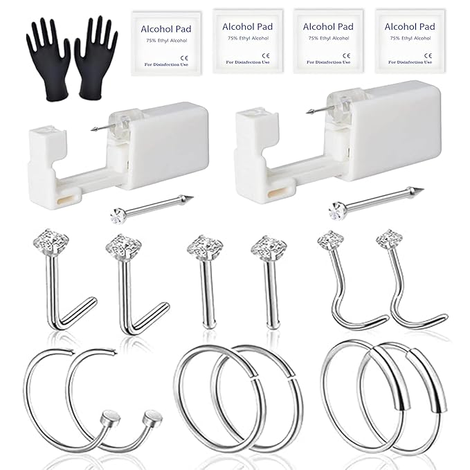Yugui Nose Piercing Gun Kit 20G Nose Piercing Rings, Nails with Nose Piercing Guns Disposable Piercing Clamps Gloves Clean Pads for Beginners Home DIY Self Body Piercing Tools Kit Supplies