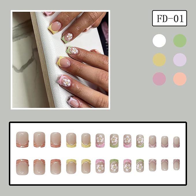 Press on Nails Short Square French Tip Fake Nails Three-Dimensional Water Droplet False Nails with Flower Designs Full Cover Colorful Glossy Glue on Nails Acrylic Nails for Women Girls 24Pcs
