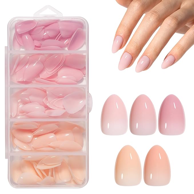 AILLSA RealFit Nude Pink Press On Nails Short Almond - Pre-Shaped 4 in 1 False Nail Tips Set, Long Lasting Nail Extensions for Salon Home DIY Gifts 150 PCS