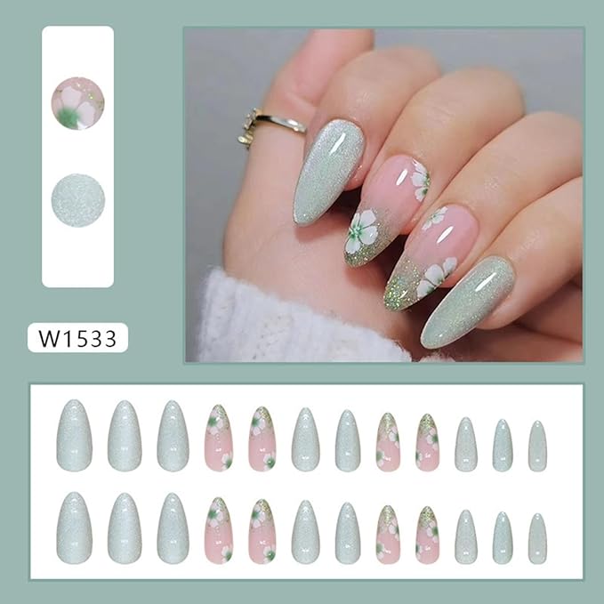 Almond Press on Nails Medium Green With Cute Flower Design - Full Cover Glossy Acrylic for Christmas - 24Pcs Artificial Manicure Set for Women