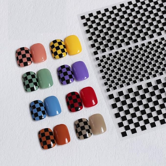 5 Sheet Checkerboard Grid Nail Art 3D Stickers Nail Decals for Nails Houndstooth Manicure Sliders DIY Accessories (Black)