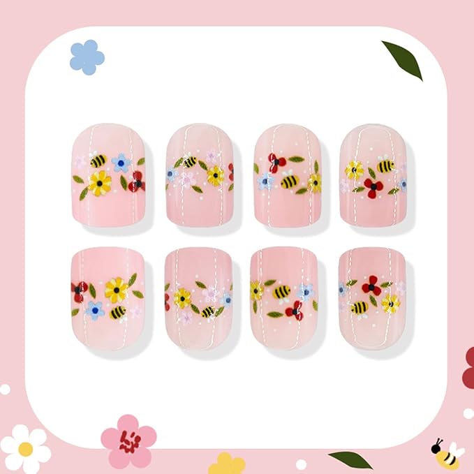 Spring Press on Nails Short Square Fake Nails with Colorful Flower | Bee Designs False Nails Glossy Nude Glue on Nails Reusable Press ons Stick on Nails for Women Manicure 24Pcs