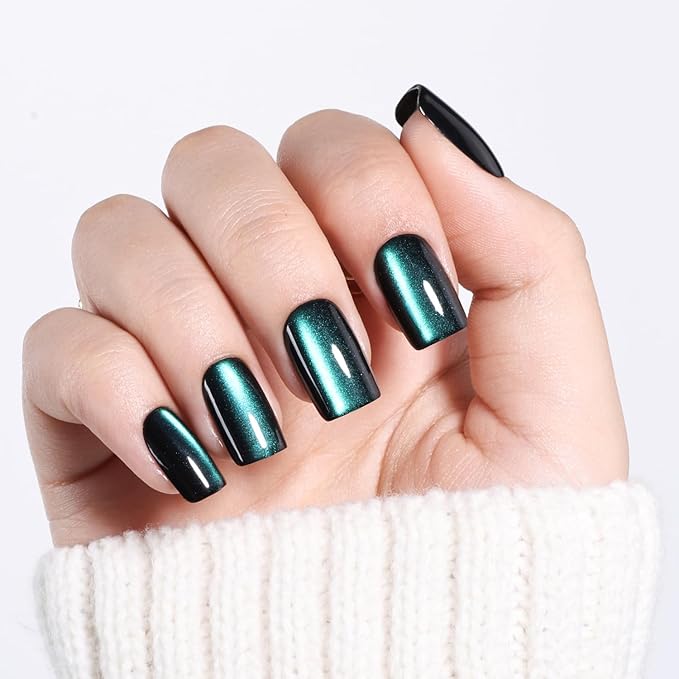 Cat Eye Press On Nails - Short Square Deep Green Nails Press Ons for Women DIY Glossy Fake Nails Kit with Glue, Reusable Soft Gel Glue on Nails Short in 16 Sizes - 32pcs, Emerald Mirage