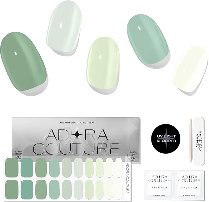 Semi-Cured Gel Nail Strips - 20 Salon-Quality Gel Sticker with UV Light Required, Long Lasting, Easy Application & Removal, Includes Prep Pad, Nail File, Wooden Stick (Green Mint)