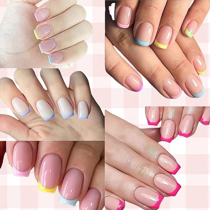 240Pcs French Tip Press On Nails Short Square Fake Nails Press Ons Set Full Cover Acrylic Glue on Nails Reusable Glossy Artificial Nail Kit False Nails for Women Girls Manicure 12 Color