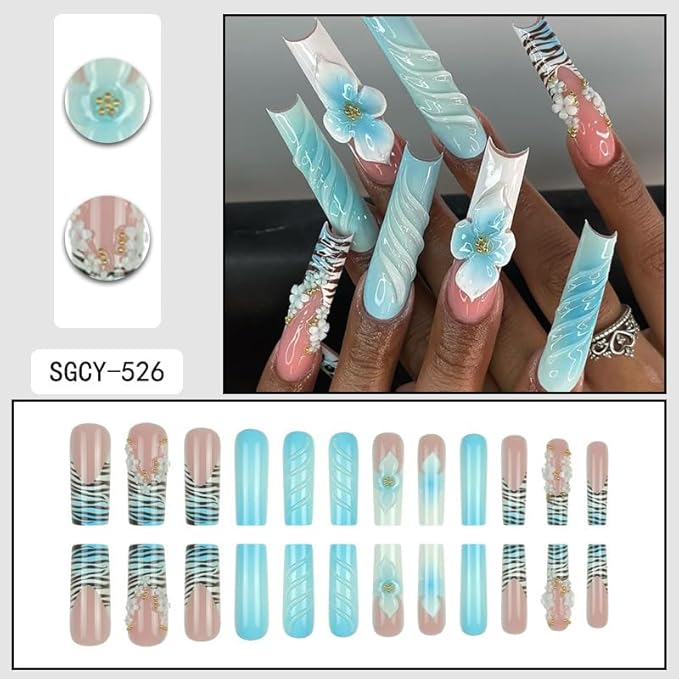 Long Square Press on Nails,Handmade Acrylic Press on Nails with Designs，Long Press on Nail for Women 24pcs