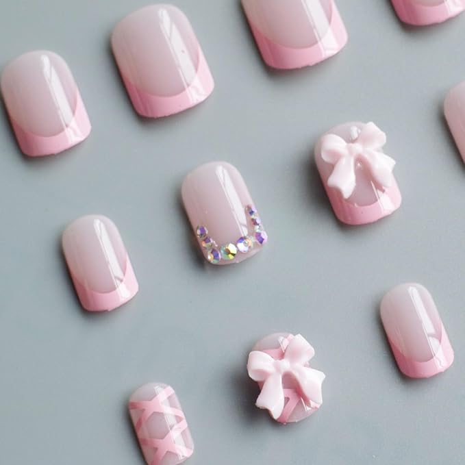 Pink French Tip Short Square Press on Nails MABKJLF Cute Fake Nails False Nails with Bow Rhinestones Designs Full Cover Glossy Glue on Nails Stick on Nails for Women Girls 24Pcs