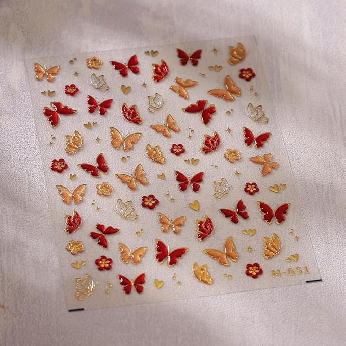 5D Butterfly Nail Art Sticker Decals Crystal Soft Self Adhesive Embossed Spring Nail Stickers Design Gold Red Green Butterfly Nail Decals Supplies Accessories 2 Sheet