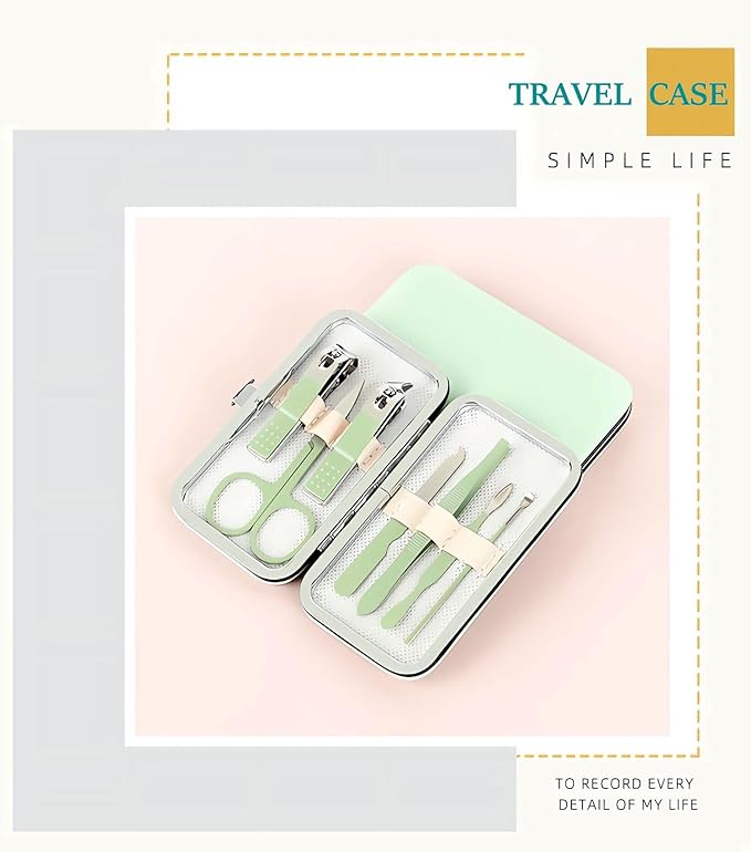 Manicure Set Nail Clipper Set, 7 Pcs Matcha Green Professional Manicure Pedicure Set, Nail Care Kit Beauty Tool, Purse Essentials Travel Nail Kit with Leather Case, Gift for Men and Women