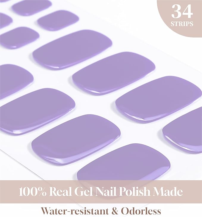 Toe Gel Nail Stickers - 34PCS Salon Quality Wraps no UV Light Needed - Long Lasting Toe Nail Polish Strips for Women (Lilac Purple)
