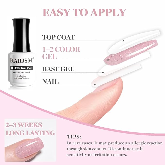 RARJSM Nude Pinkish Beige Rainbow Glitter Rubber Base Coat Gel Nail Polish Natural Skin Tone Iridescent Shimmer Brush on Extend Jelly Gelpolish Soak Off Curing Requires 15ml Salon Home French Manicure