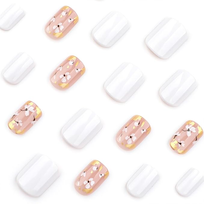 White Press on Nails Short Square Fake Nails Flowers Glue on Nails Summer Petals Acrylic Nails Press ons Glossy Gold Glitter False Nails Glossy Stick on Nails for Women 24 Pcs