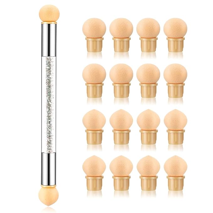 SILPECWEE 1Pc UV Gel Nail Gradient Sponges Pen With 16Pcs Replaceable Sponge Heads Double Head Nail Ombre Brush Acrylic Manicure DIY Nail DesignTools