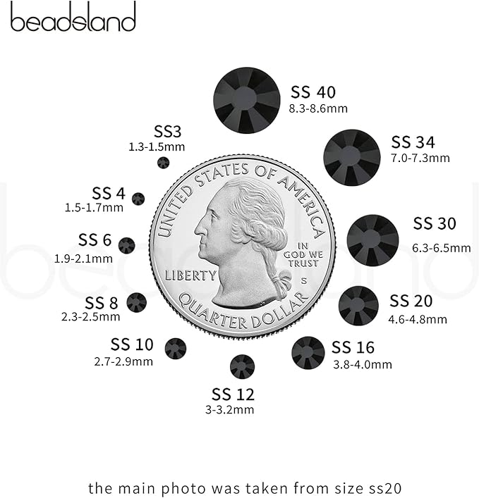 Beadsland 2880pcs Flat Back Crystal Rhinestones Round Gems for Nail Art and Craft Glue Fix, Jet Hematite, SS16,3.8-4.0mm