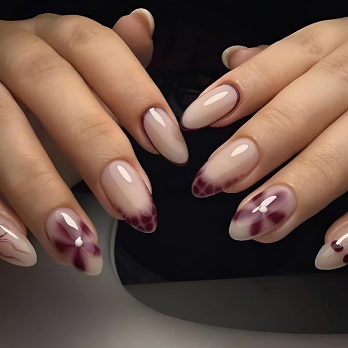 Flower Press on Nails Medium Almond Fake Nails French Tip Nails Press Ons Nude Purple False Nails Bow Glue on Nail Glossy Full Cover Stick on Nail for Women Decorations Set 24Pcs