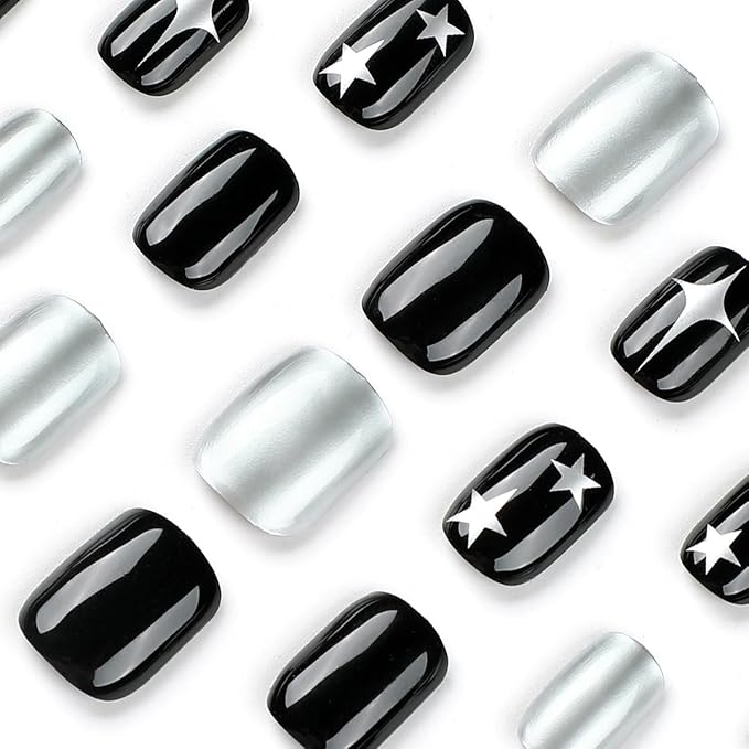 Star Press on Nails Short Square Fake Nails Black Silver False Nails Press ons with Designs Cute Acrylic Nails Full Cover Glue on Nails Artificial Stick on Nails for Women Manicure 24Pcs