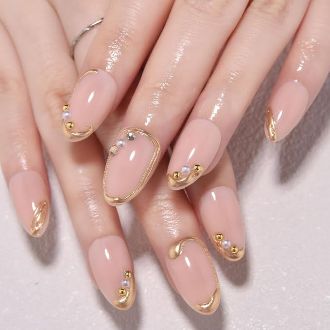 evpct 3D Gold Line French Tip Press on Nails Short Almond, Glitter Light Nude Stick on Nail with 3D Pearl Diamond Designs, Handmade Press on Nails for Women Gift with Kit, Gel Acrylic Fake Nail