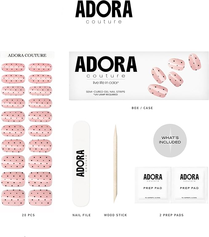 Semi-Cured Gel Nail Strips - 20 Salon-Quality Gel Sticker with UV Light Required, Long Lasting, Easy Application & Removal, Includes Prep Pad, Nail File, Wooden Stick – Darling Dots