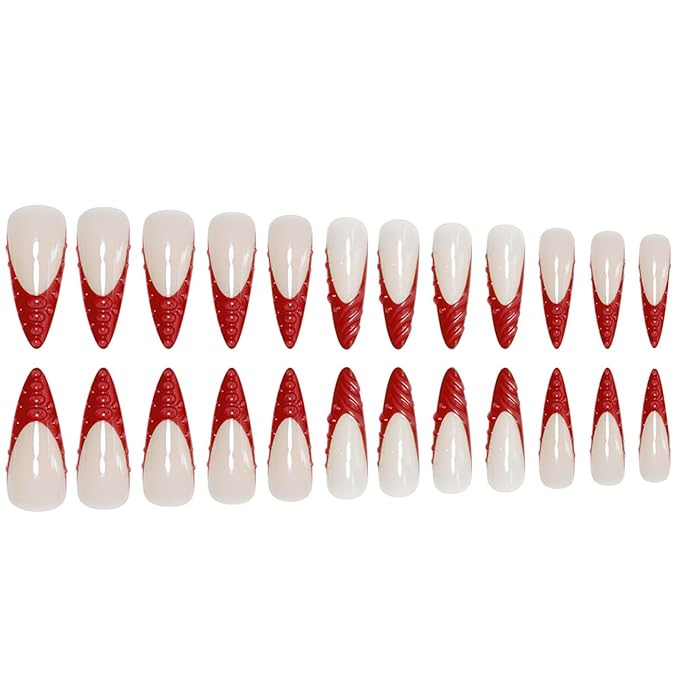 Long Press on Nails Stiletto Fake Nails Red French Artificial Nails with 3D Water Droplets Designs Extra Long Glossy Cute Stick on Nail for Women 24pcs