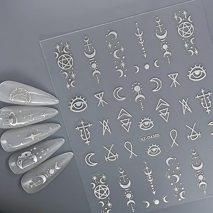 12 Sheets Silver Nail Art Stickers Star Nail Stickers Heart Nail Decals Self Adhesive Evil Eye Nail Art Supplies for Women Girls DIY Manicure Nail Art Decorations