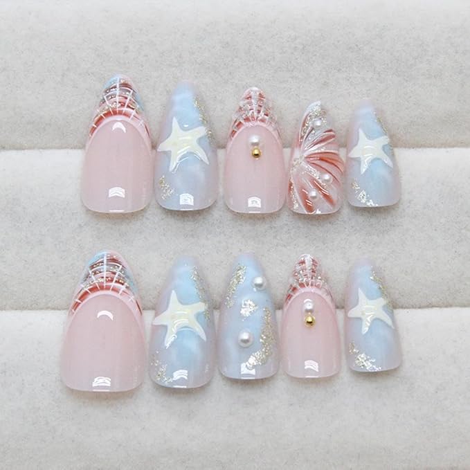 Ocean Press on Nails - Medium Almond Stick on Nails - Pearl Seashell Design - 3D Starfish False Nail Full Cover Blue Handmade Glue on Nails Glossy Summer Fake Nail for Women Manicure 24Pcs
