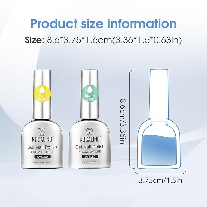 ROSALIND 11ml 2 Pcs Glassy Gel Top Coat and Base Coat Set,No Wipe Foundation Combination for UV Light Cure Gel Polish Nail Art