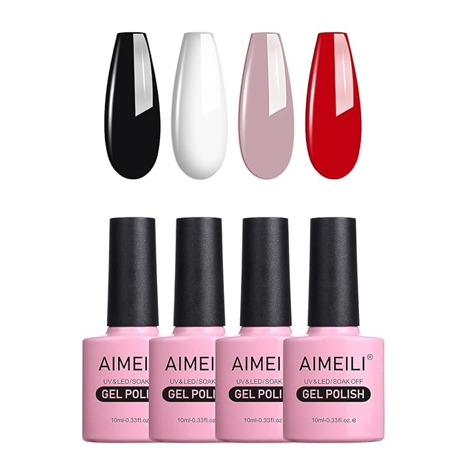 AIMEILI Gel Nail Polish Soak Off U V LED Hema Free Cruelty Free Vegan Elegant Classic Nude Black Red White Color Gel Set Of 4pcs X 10ml - Kit Set 19