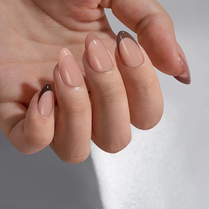 BTArtbox French Tip Press On Nails, Short Almond Supremely Fit & Natural Glue On Nails with Nail Glue, Reusable Stick On Nails in 16 Sizes - 32 Soft Gel Fake Nails Kit, Morning Coffee