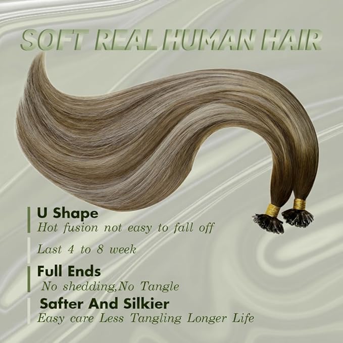 RUNATURE Blonde U Tip Human Hair Extensions 20 Inch U Tip Hair Extensions Human Hair Ombre Walnut Brown to Ash Brown Ombre Light Blonde Keratin Nail Tip Hair Extensions Real Human Hair 50g 50s