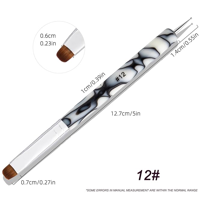 French Manicure Brush - 2 Way Nail Art Brush with Dotting Tool for Cuticle Clean Up & Nail Art Design - Professional Salon Quality, Dotting Pen (White, 12#)