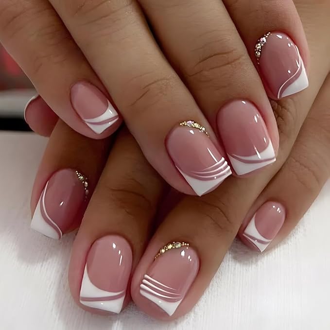 White French Tip Press on Nails - Short Square Fake Nails - Pink False Nails with Rhinestone Stick on - for Women 24 Pcs