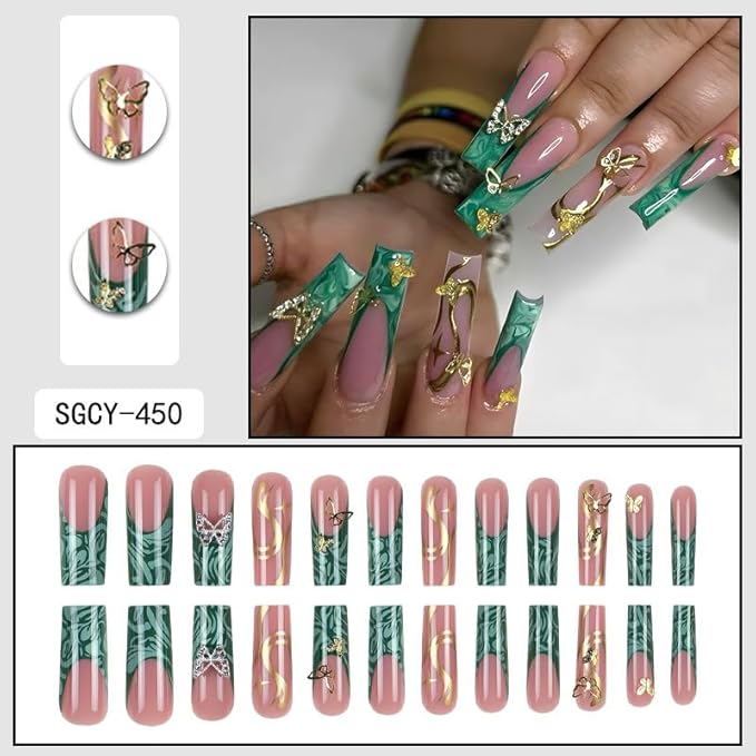 Almond Acrylic Full Cover Nails 24pcs Green Glossy False Nails with Butterfly Designs French Tip Press-On Nails