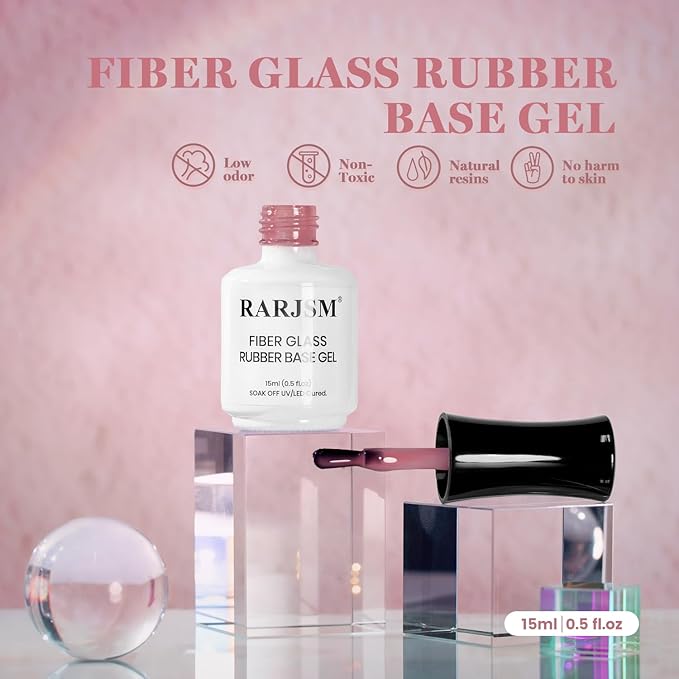 RARJSM Rosy Pink Fiber Glass Rubber Base Nude Sheer Jelly Glassy Amber Gel Nail Polish for Repair Broken Nails Strengthener Base Color Brush on Building Gel in a Bottle Curing Requires 15ml