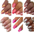 6 Packs (144 Pcs) Press on Nails Medium Square Fake Nails Chrome False Nails with Designs Hot Pink Siliver Glue on Nails Full Cover Solid Color Glossy Acrylic Stick on Nail for Women Manicure