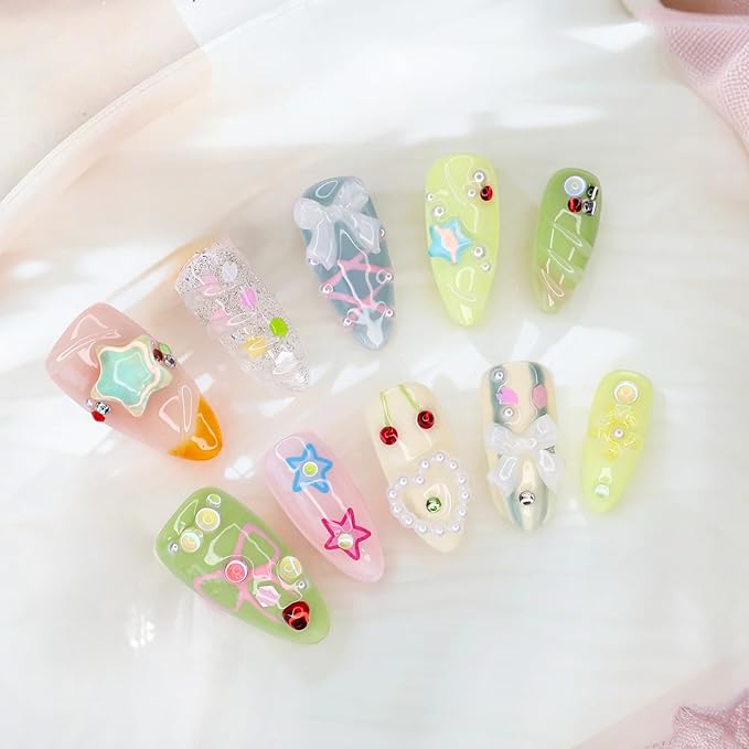 Short Press on Nails Almond Handmade False Nails 3D Stars Bow Pearl Designs Summer Flower Cherry Thick Acrylic Nails Full Cover Fake Nail Set Cute Glue on Nails for Women (Size S)