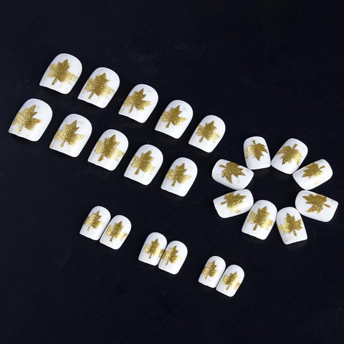 Fall Press on Nails Short Square Fake Nails Gold Maple Leaf False Nails Press ons with Golden Metal Leaf Design-Reusable Artificial Nail Full Cover Stick on Nails for Women Manicure 24Pcs